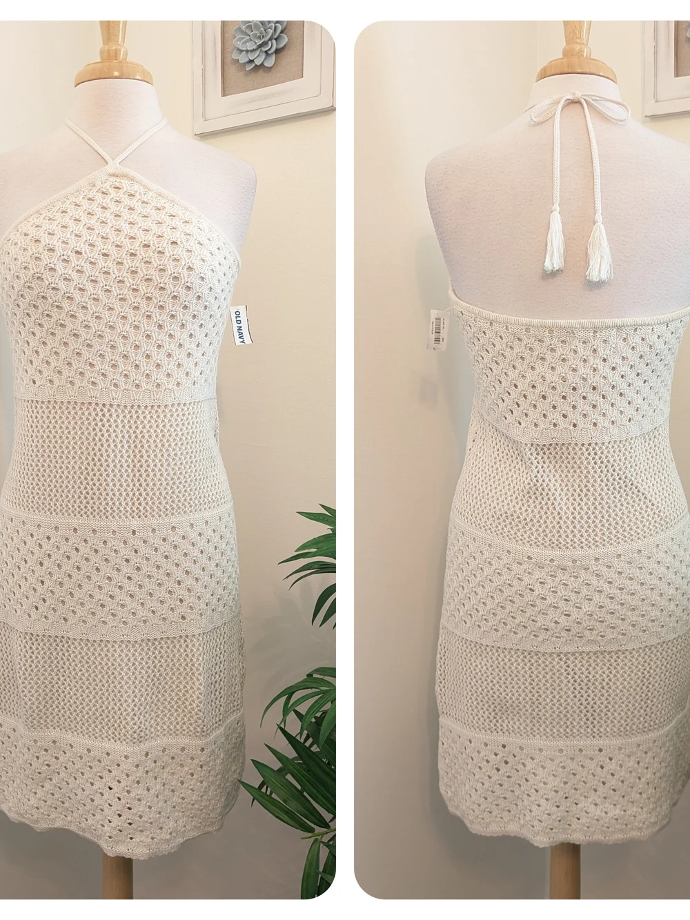 Old Navy Boho Cream Knit Crochet Halter Mini Dress Medium - Picture 3 of 12